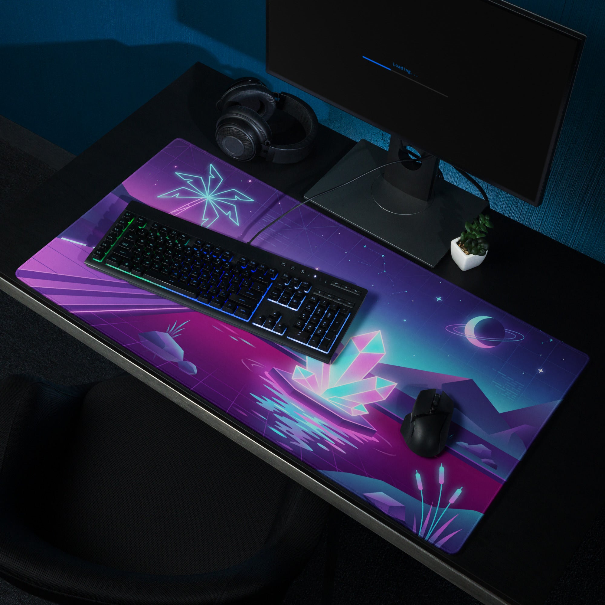 Neon Vaporwave Gaming Desk Pad - Gaming Mouse Pad Purple Pink Neon Retro Futuristic Neon Decor Digital Art
