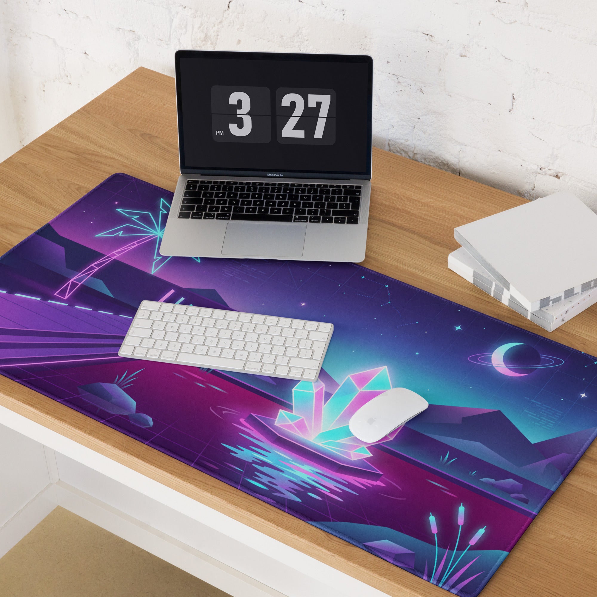Neon Vaporwave Gaming Desk Pad - Gaming Mouse Pad Purple Pink Neon Retro Futuristic Neon Decor Digital Art