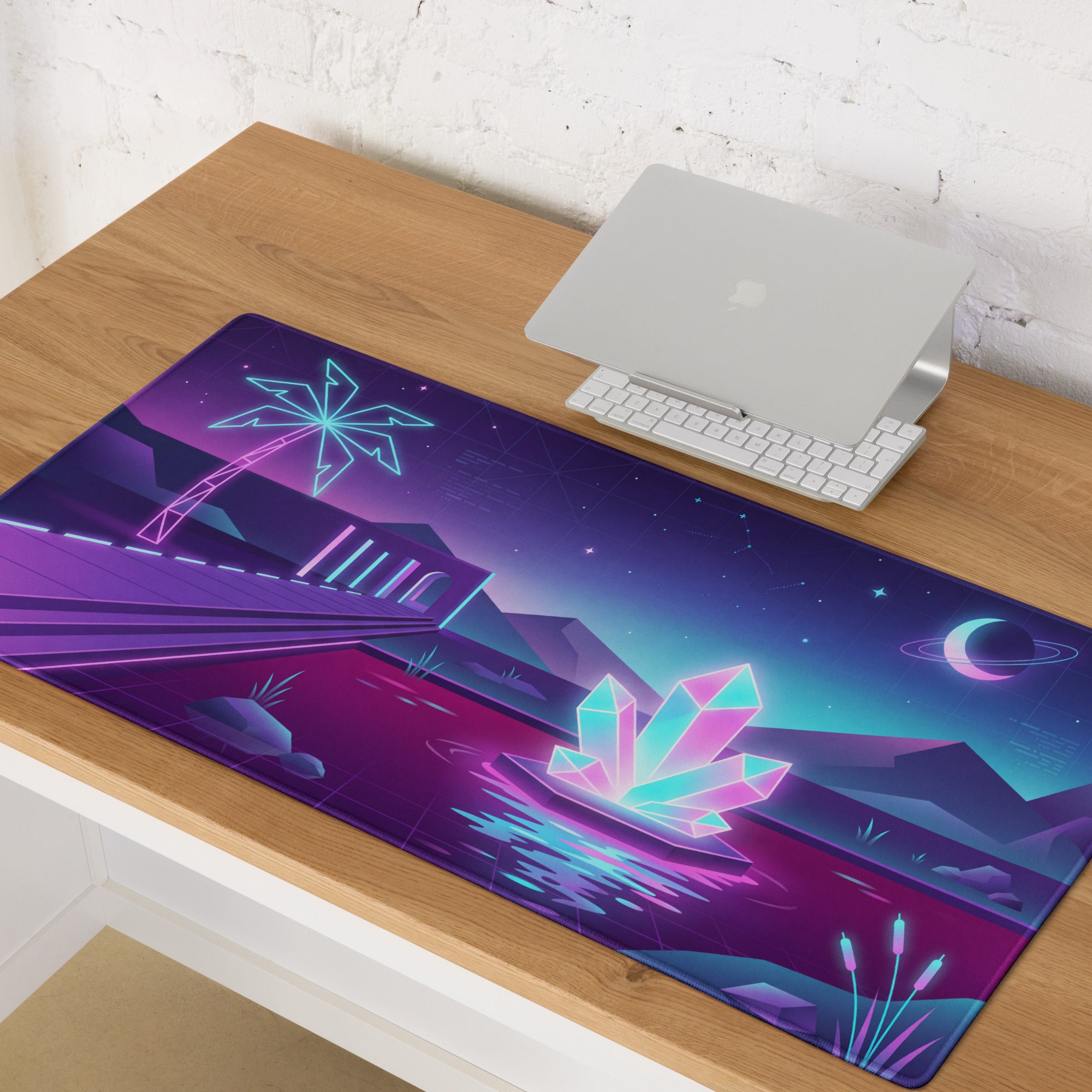 Neon Vaporwave Gaming Desk Pad - Gaming Mouse Pad Purple Pink Neon Retro Futuristic Neon Decor Digital Art