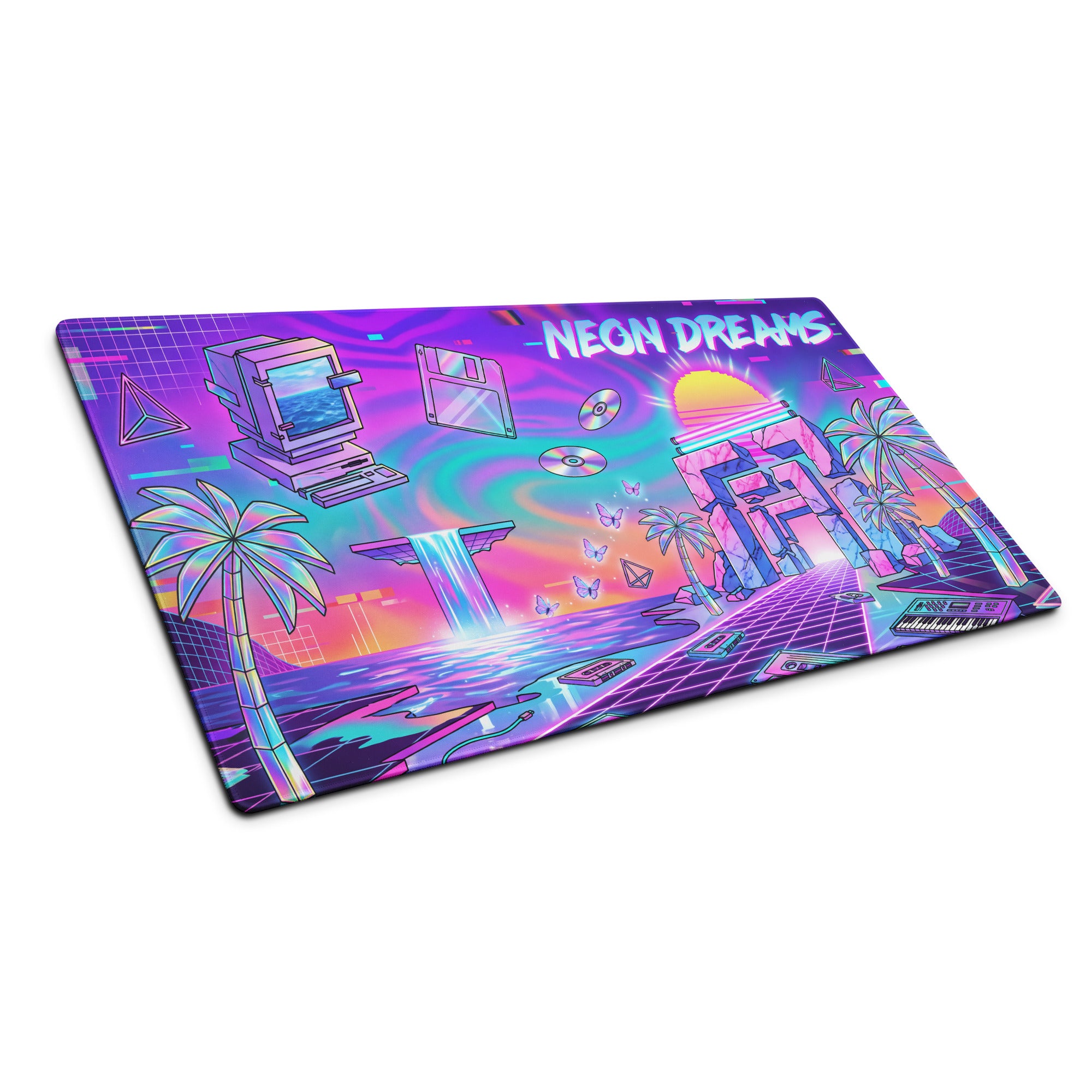 Neon Vaporwave Desktop Mouse Pad - Mouse Pad Neon Purple Cyan Desk Vaporwave Dreamy Neon Retro Futurism Large Gaming