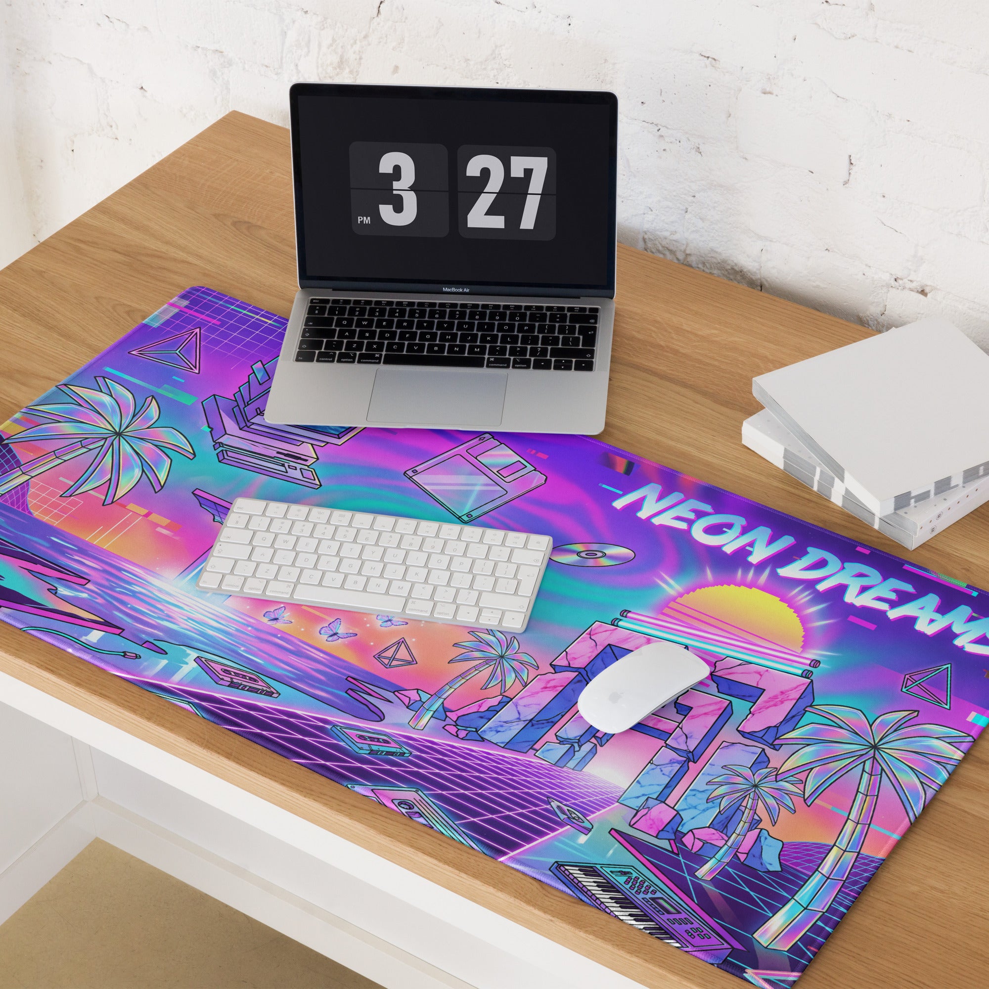 Neon Vaporwave Desktop Mouse Pad - Mouse Pad Neon Purple Cyan Desk Vaporwave Dreamy Neon Retro Futurism Large Gaming