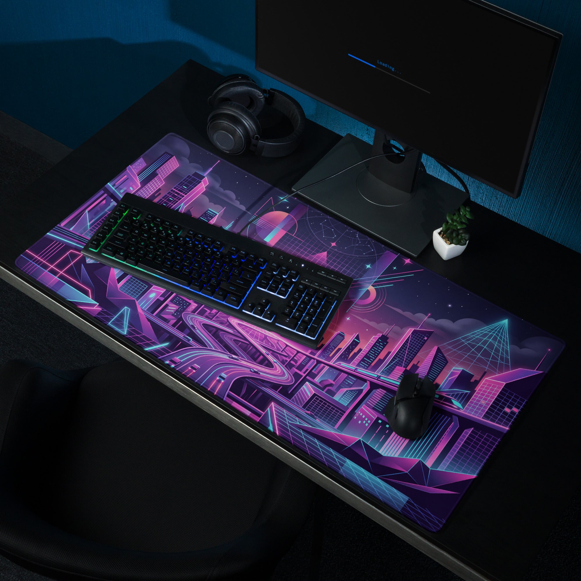 Vaporwave Neon City Mouse Pad - Vaporwave Cityscape Pink Purple Blue Gaming Desk Retro Futurism Mood Decor Digital Art