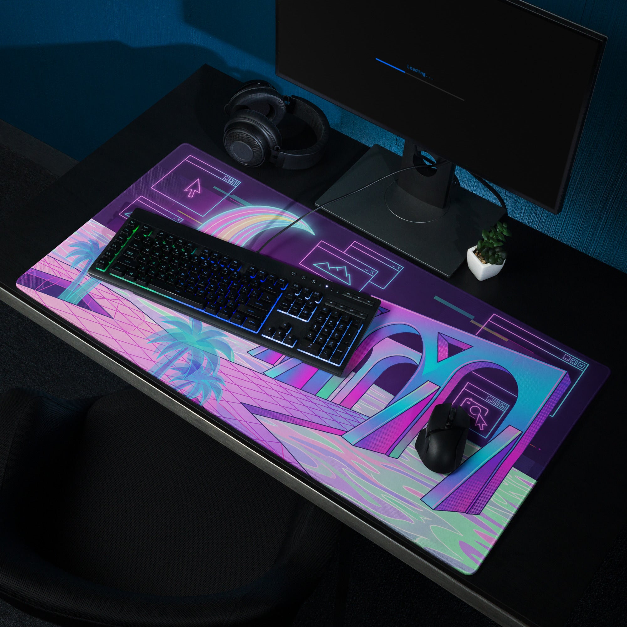 Neon Vaporwave Desk Pad - Mouse Pad Neon Pink Cyan Purple Desk Vaporwave Mood Neon Dream Retro Vaporwave Digital Art