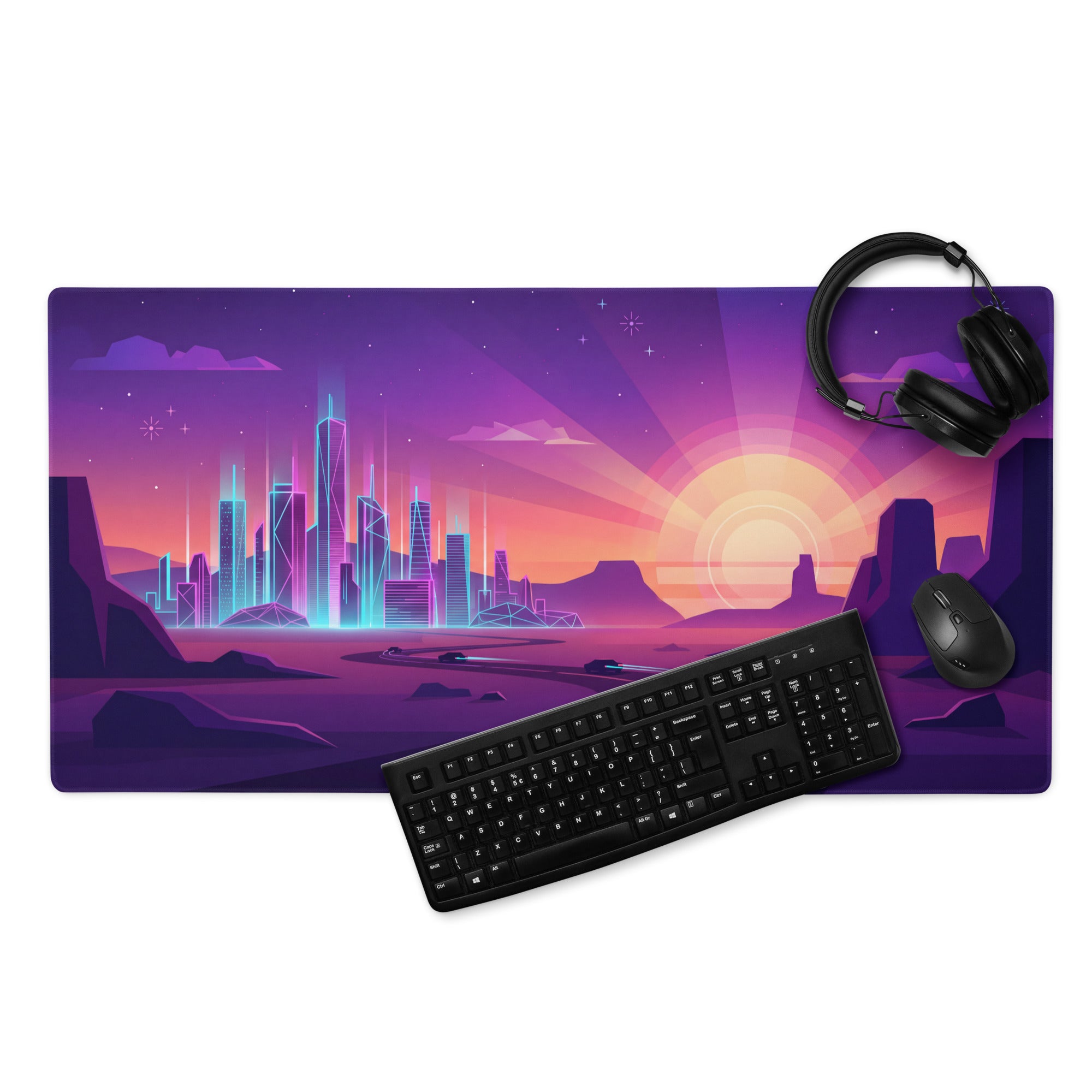 Neon Vaporwave Cityscape Mouse Pad - Cityscape Neon Purple Pink Gaming Desk Vaporwave Retro Futurism Decor Digital Art