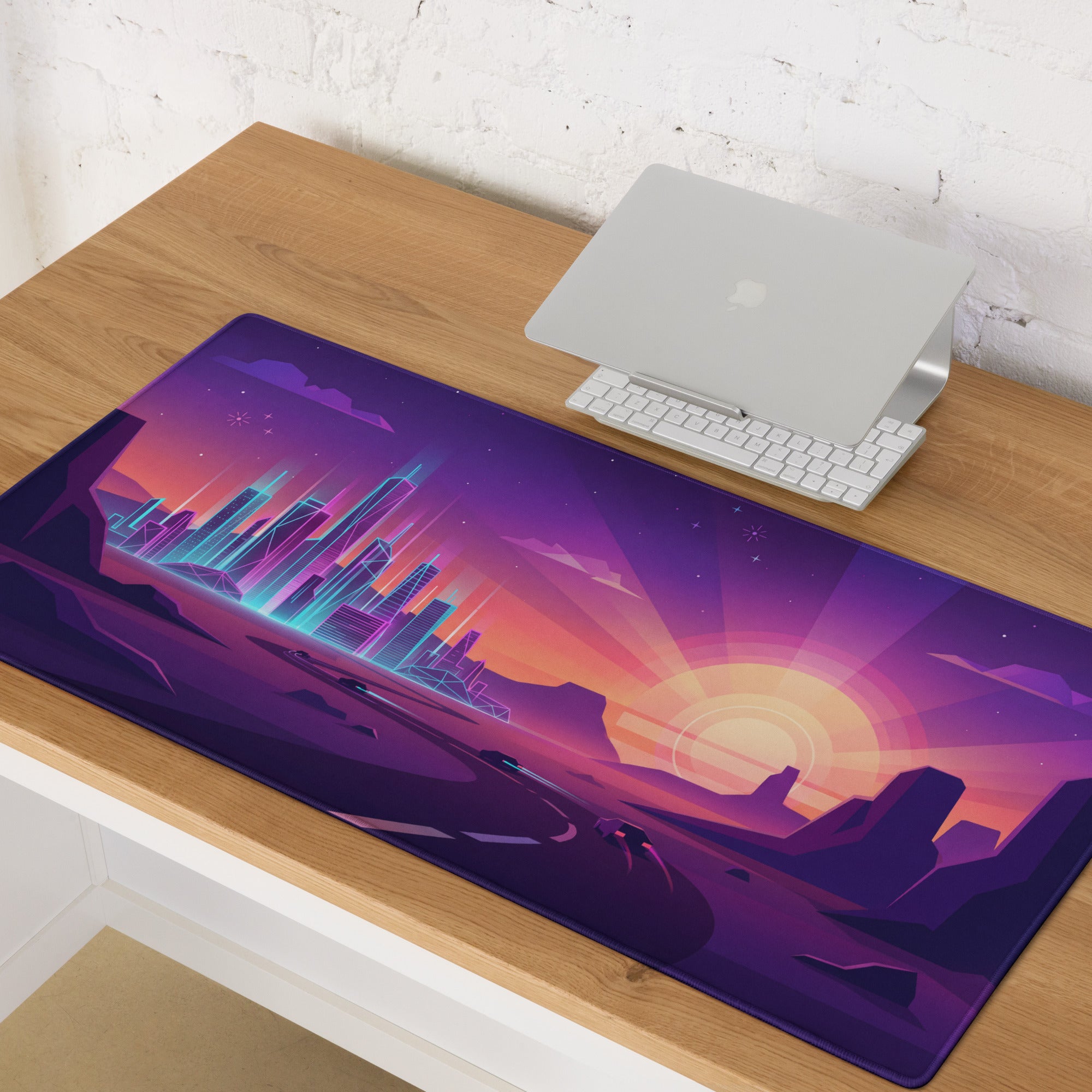 Neon Vaporwave Cityscape Mouse Pad - Cityscape Neon Purple Pink Gaming Desk Vaporwave Retro Futurism Decor Digital Art
