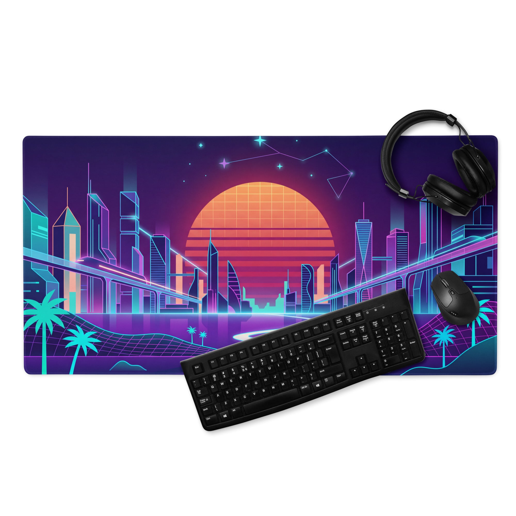 Vaporwave Neon Cityscape Mousepad - Cityscape Neon Pink Purple Blue Gaming Desk Vaporwave Nostalgic Cyberpunk Desk Mat