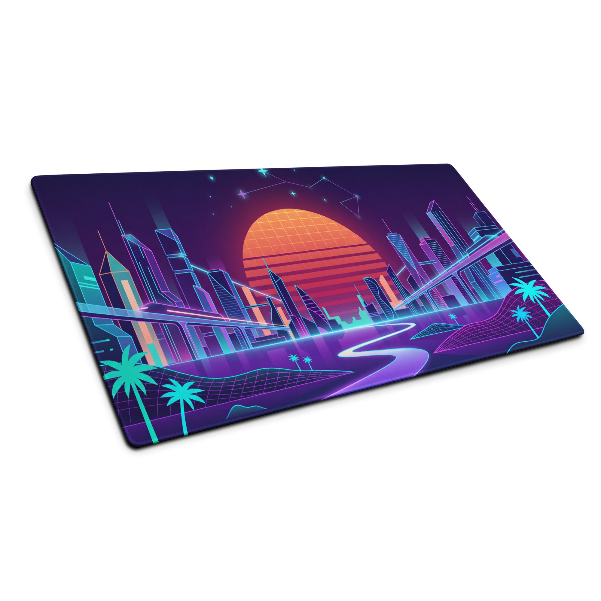 Vaporwave Neon Cityscape Mousepad - Cityscape Neon Pink Purple Blue Gaming Desk Vaporwave Nostalgic Cyberpunk Desk Mat