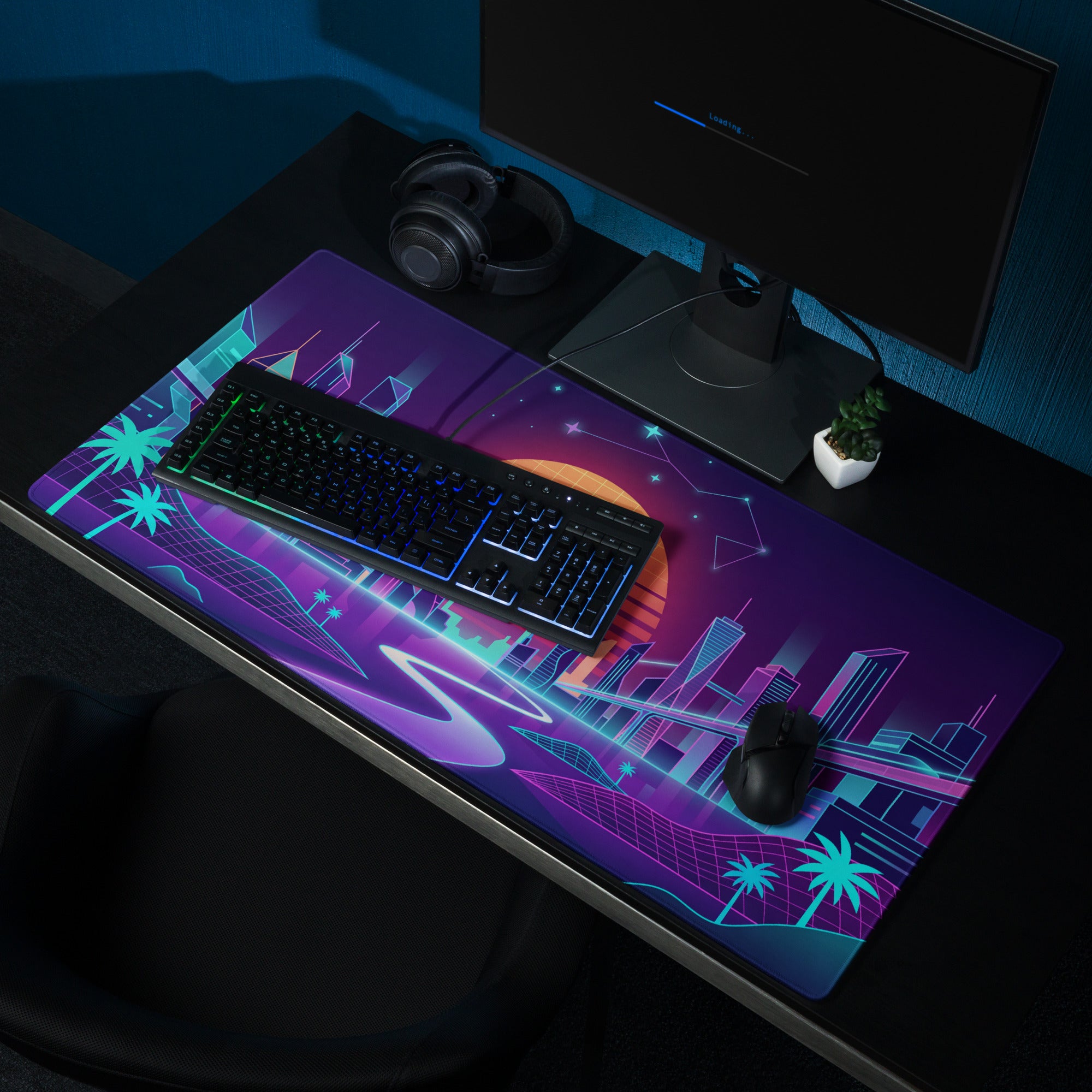 Vaporwave Neon Cityscape Mousepad - Cityscape Neon Pink Purple Blue Gaming Desk Vaporwave Nostalgic Cyberpunk Desk Mat