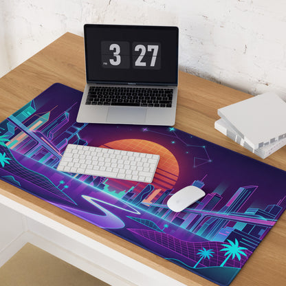 Vaporwave Neon Cityscape Mousepad - Cityscape Neon Pink Purple Blue Gaming Desk Vaporwave Nostalgic Cyberpunk Desk Mat