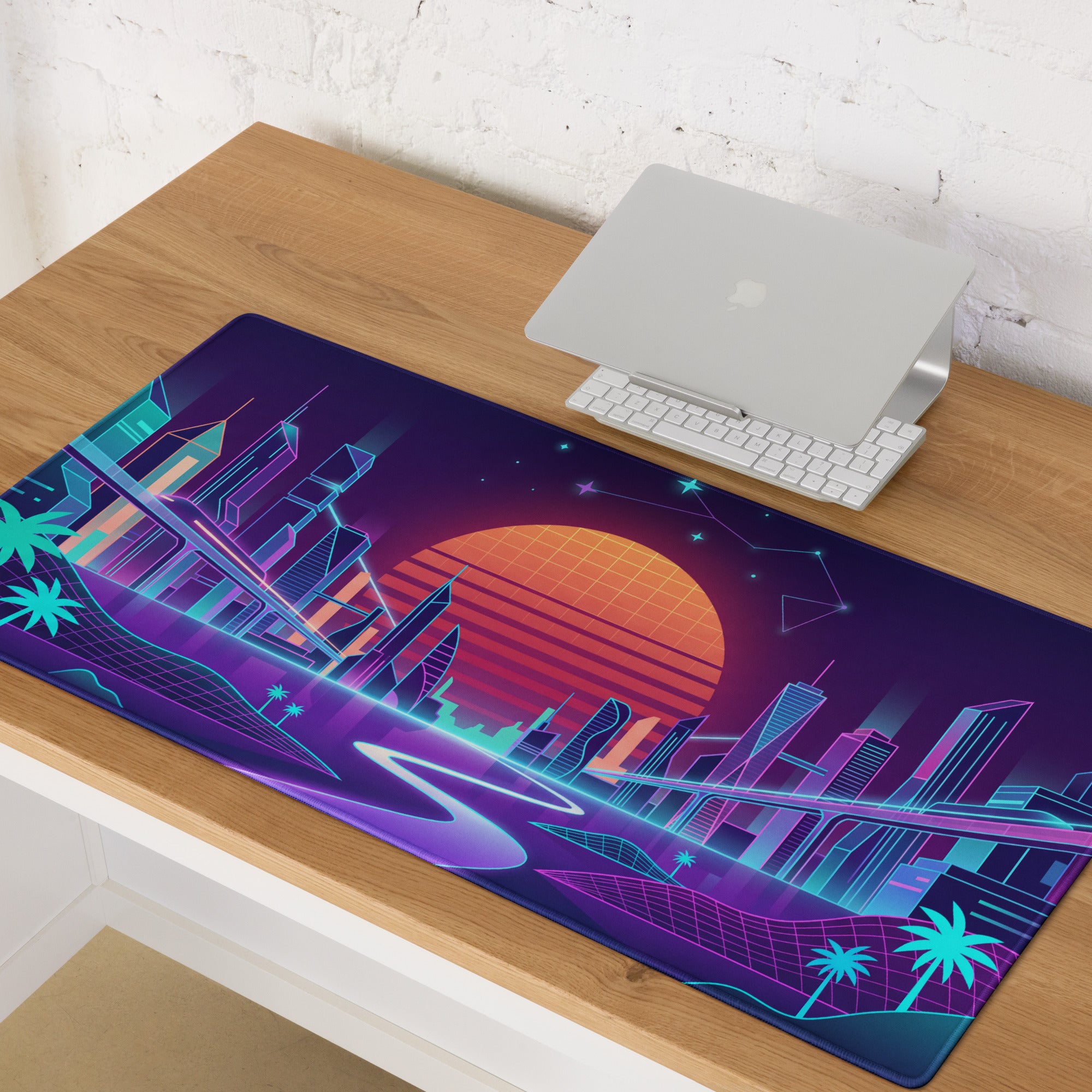 Vaporwave Neon Cityscape Mousepad - Cityscape Neon Pink Purple Blue Gaming Desk Vaporwave Nostalgic Cyberpunk Desk Mat
