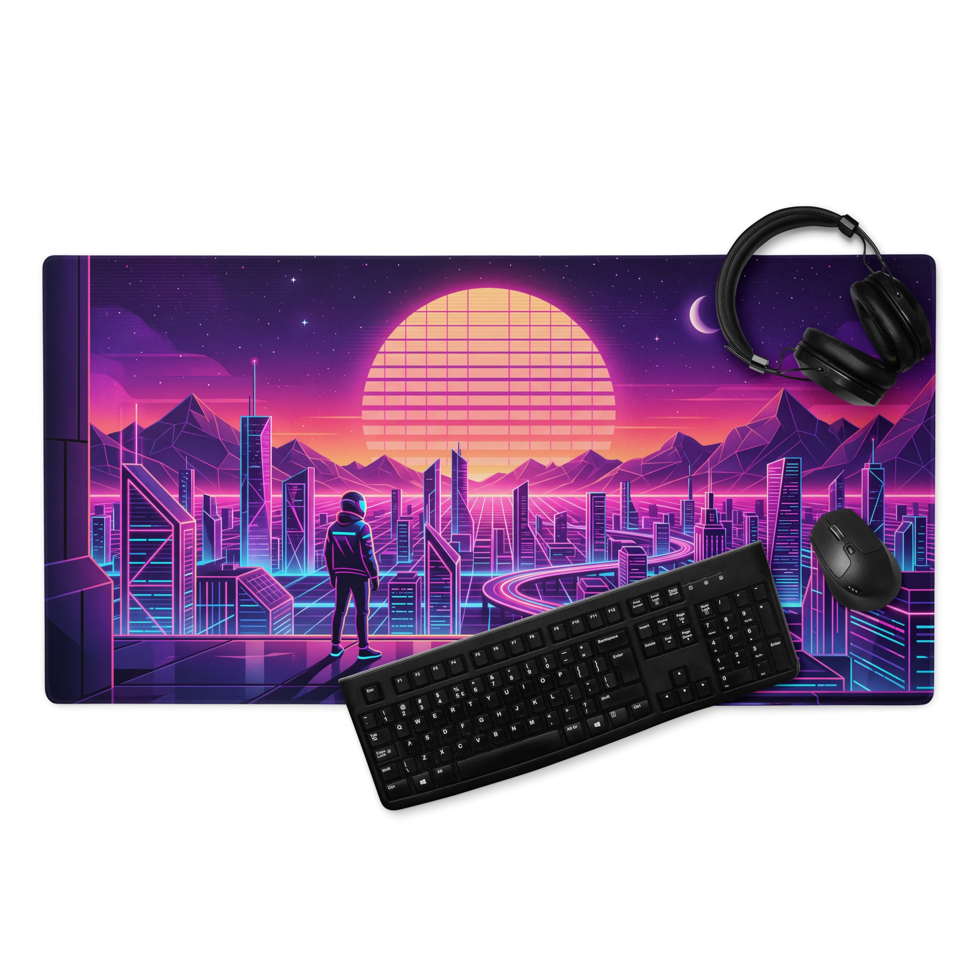 Vaporwave Neon City Pad - Gaming Mouse Pad Purple Pink Desk Vaporwave Mood Retro Futuristic Neon Desk Gear Digital Art