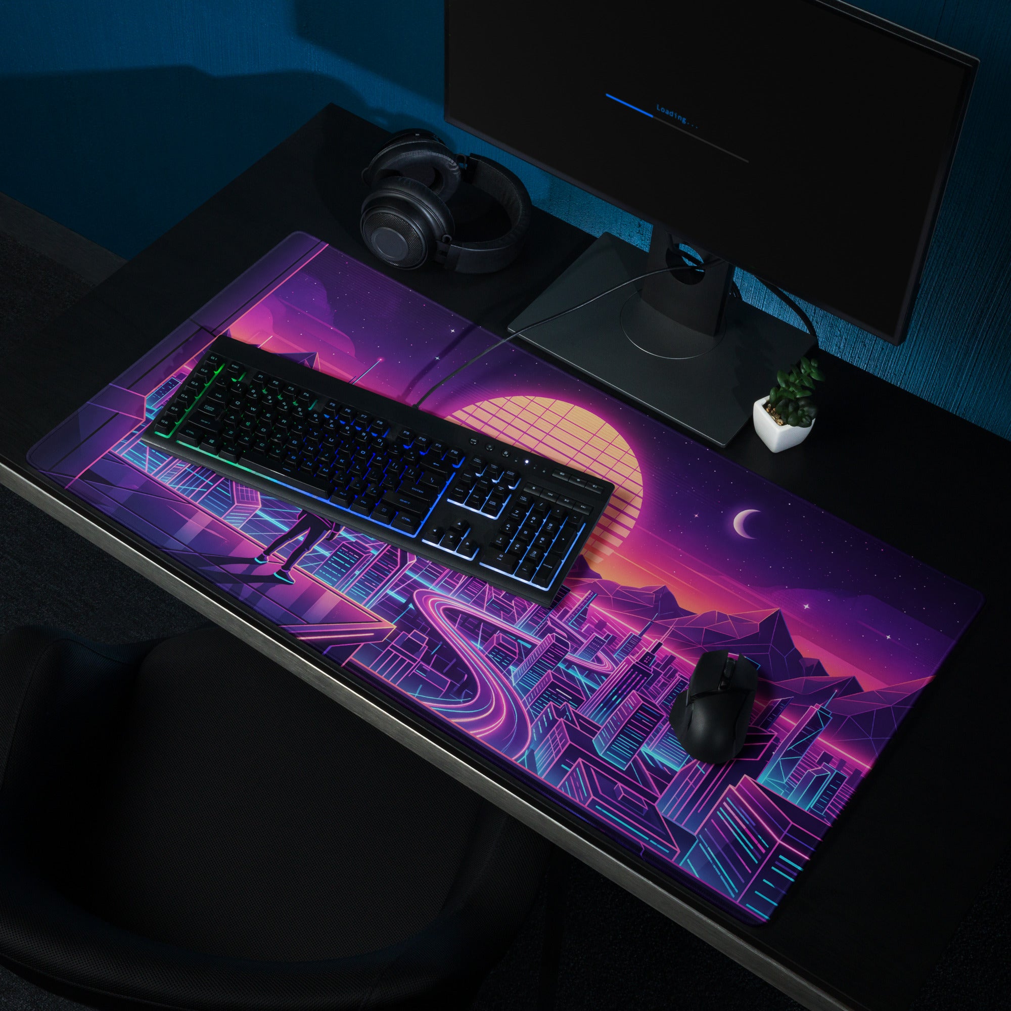 Vaporwave Neon City Pad - Gaming Mouse Pad Purple Pink Desk Vaporwave Mood Retro Futuristic Neon Desk Gear Digital Art