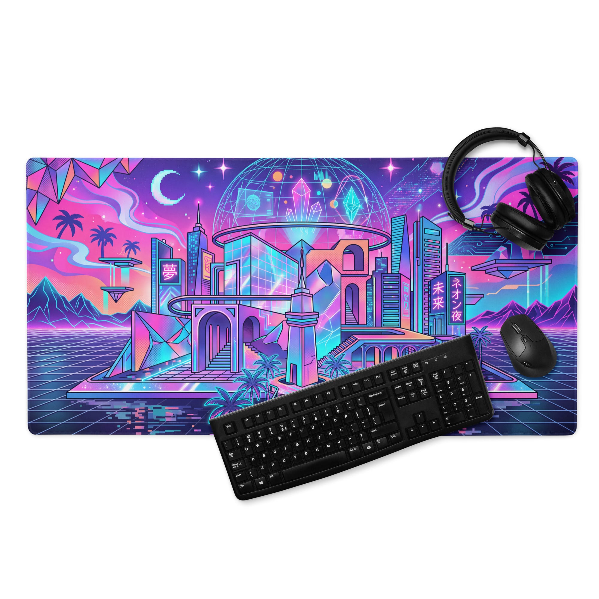 Vaporwave Neon City Gaming Pad - Mouse Pad Neon Pink Blue For Gaming Desk Vaporwave Vibrant Retro Synthwave Mood