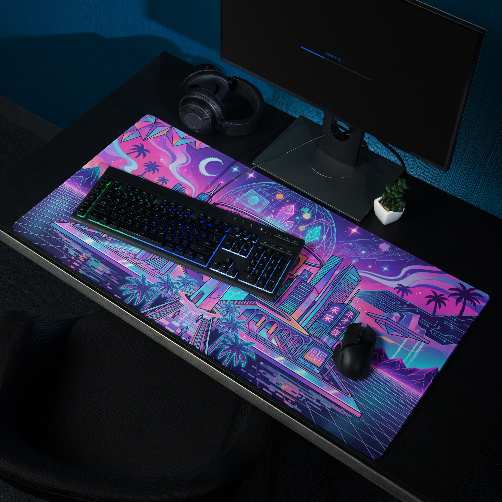 Vaporwave Neon City Gaming Pad - Mouse Pad Neon Pink Blue For Gaming Desk Vaporwave Vibrant Retro Synthwave Mood