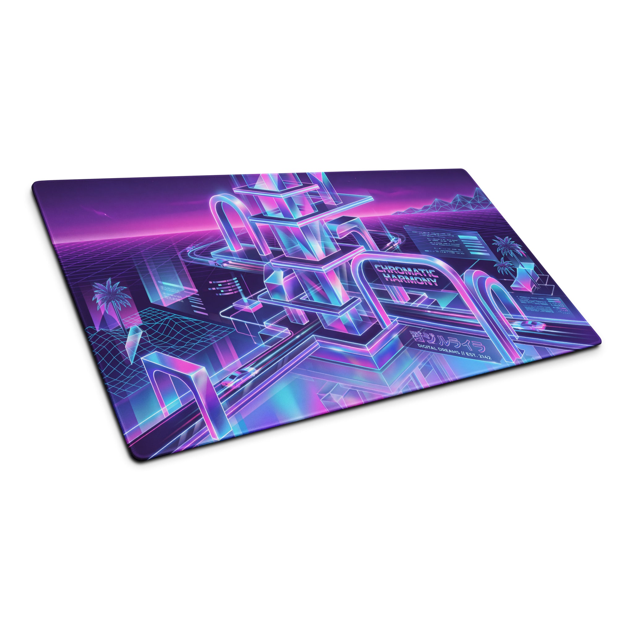 Vaporwave Neon Gaming Mouse Pad - Neon Purple Pink Blue Desktop Setup Vaporwave Retro Futurism Desk Mat Digital Art
