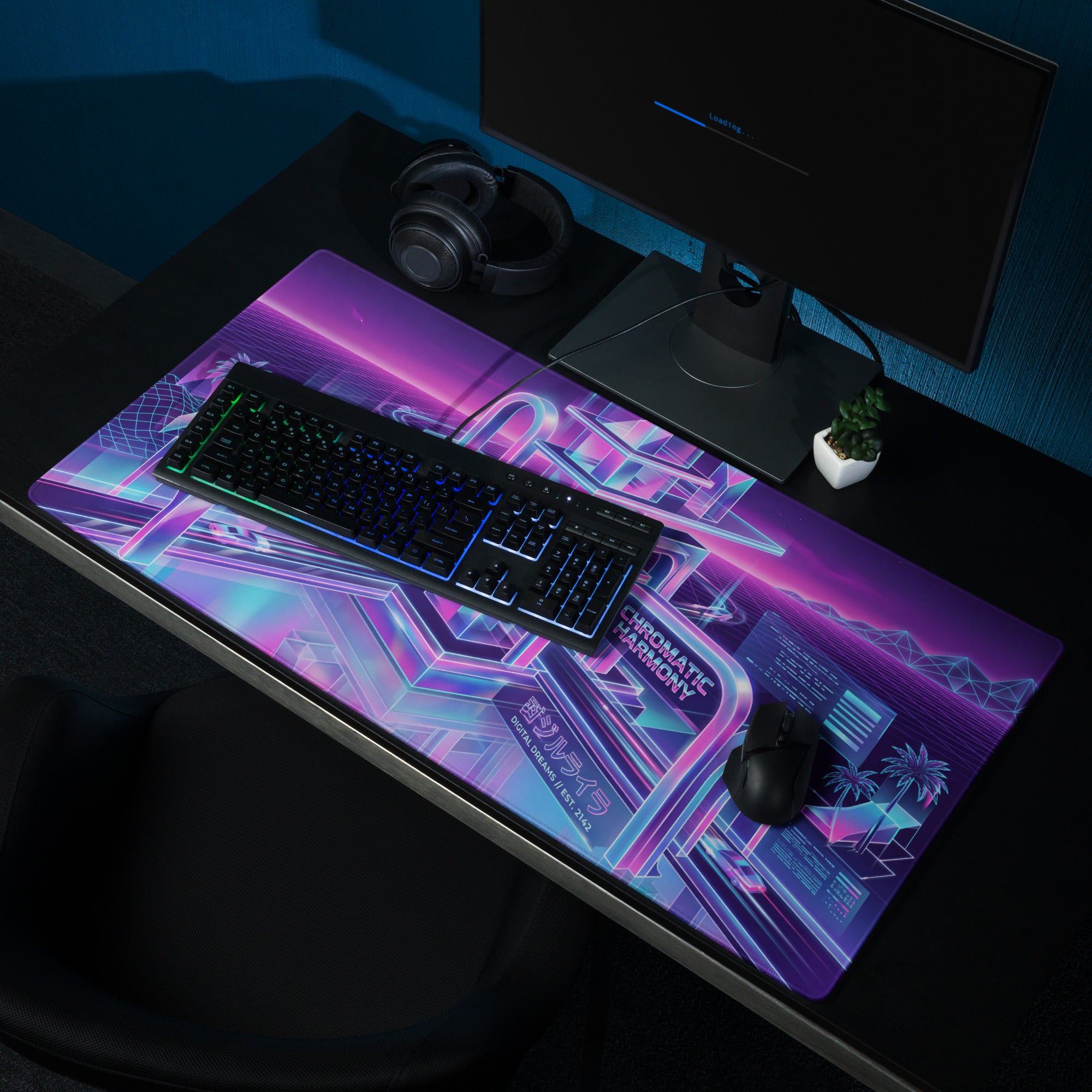 Vaporwave Neon Gaming Mouse Pad - Neon Purple Pink Blue Desktop Setup Vaporwave Retro Futurism Desk Mat Digital Art