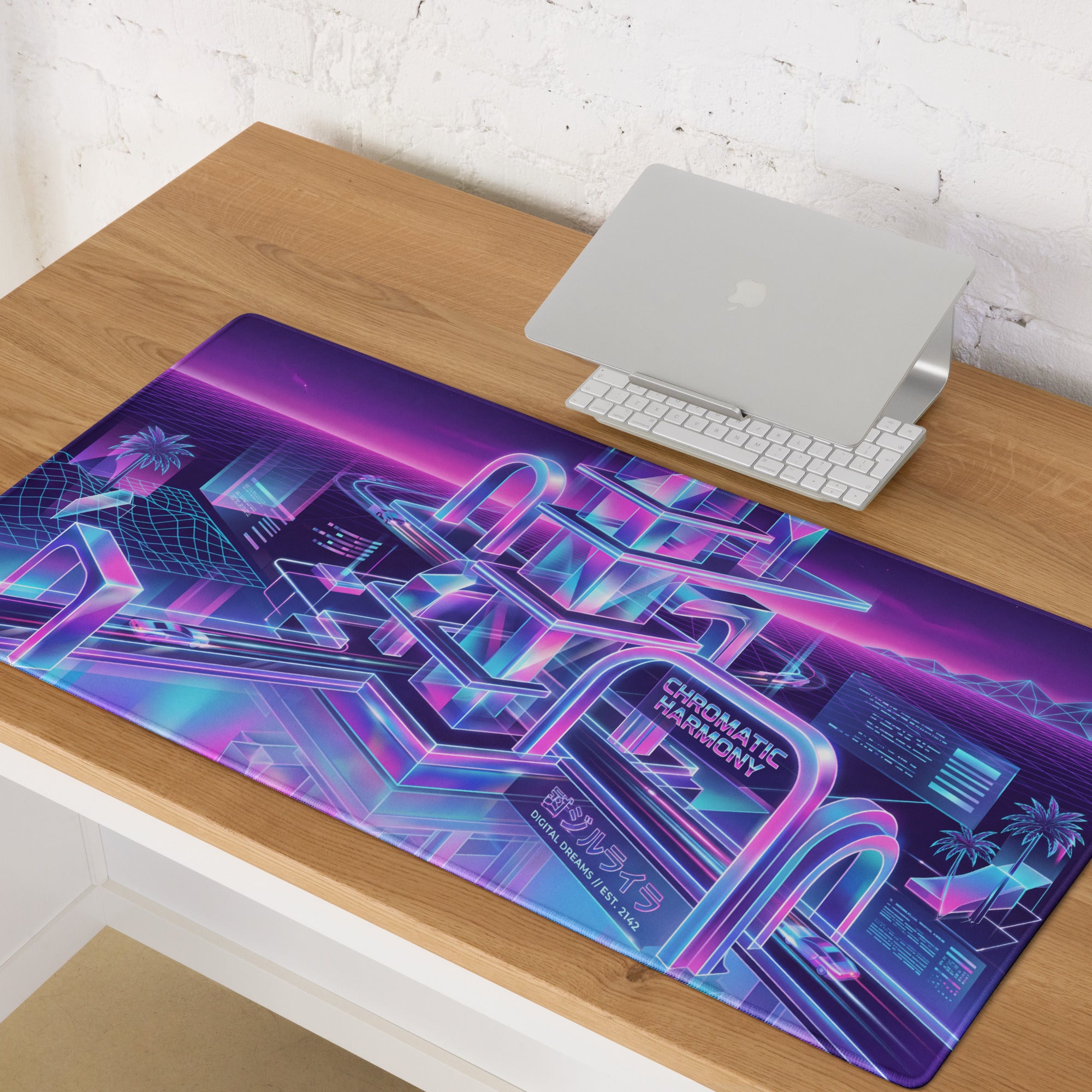 Vaporwave Neon Gaming Mouse Pad - Neon Purple Pink Blue Desktop Setup Vaporwave Retro Futurism Desk Mat Digital Art