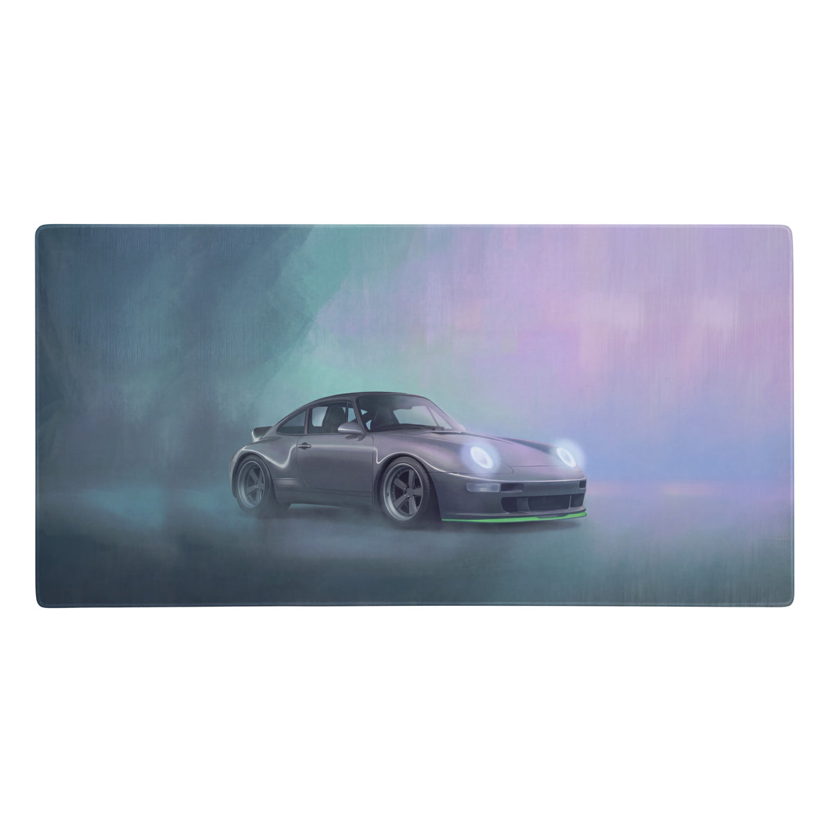 Porsche 911 inspired silver 993 widebody desk mat with sleek matte gray car and green accent stripe for gaming