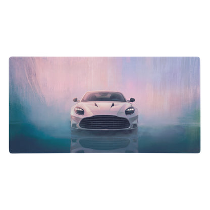 Aston Martin vantage inspired pearl white frontal desk pad with ultra-glide stitched edge and stylized sports car design