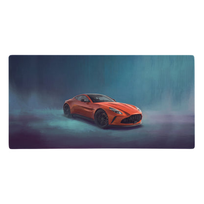 Vibrant orange aston martin v12 vanquish zagato sports car illustration on an xl gaming mousepad desk mat