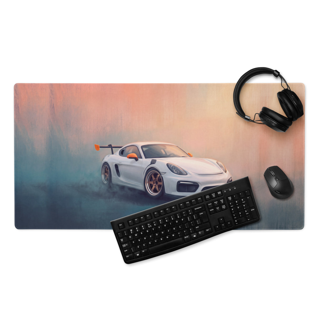 Porsche Cayman GT4 Inspired White & Orange Track Edition Desk Mat – Low-Friction Cloth Setup Mousepad