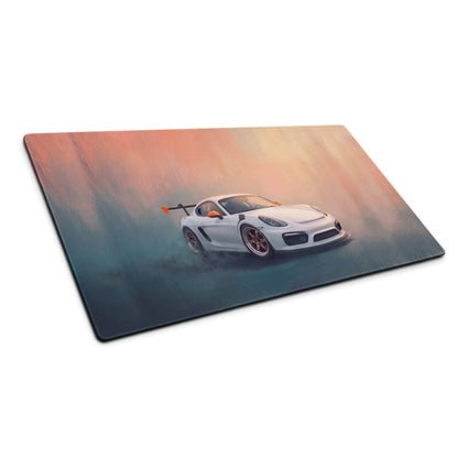 Porsche Cayman GT4 Inspired White & Orange Track Edition Desk Mat – Low-Friction Cloth Setup Mousepad