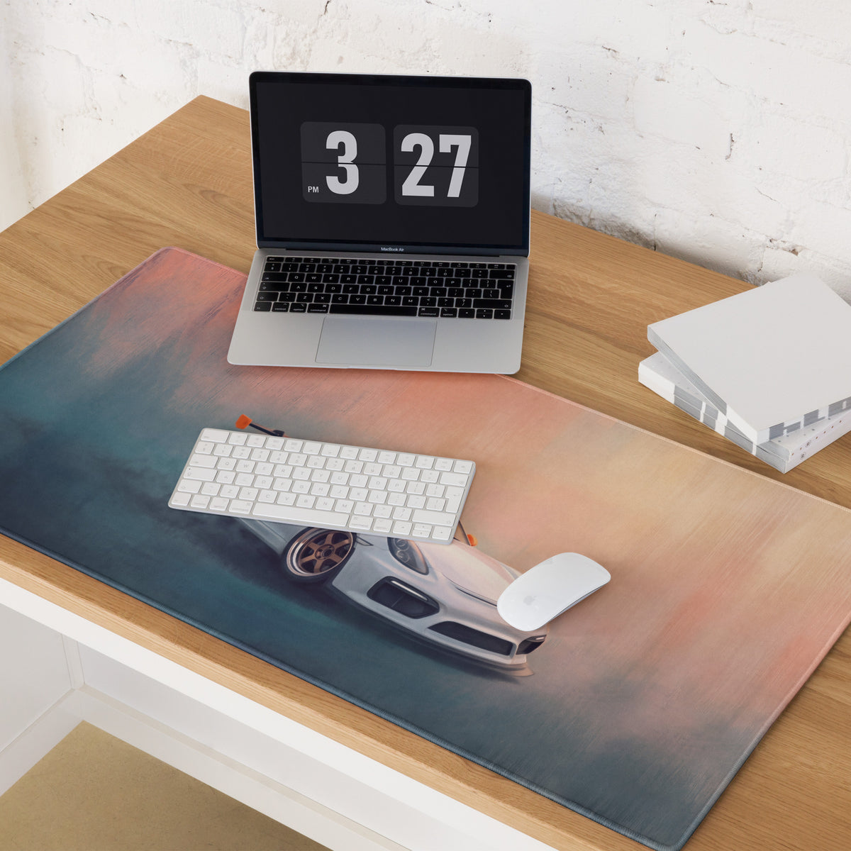 Porsche Cayman GT4 Inspired White & Orange Track Edition Desk Mat – Low-Friction Cloth Setup Mousepad
