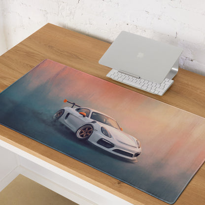 Porsche Cayman GT4 Inspired White & Orange Track Edition Desk Mat – Low-Friction Cloth Setup Mousepad
