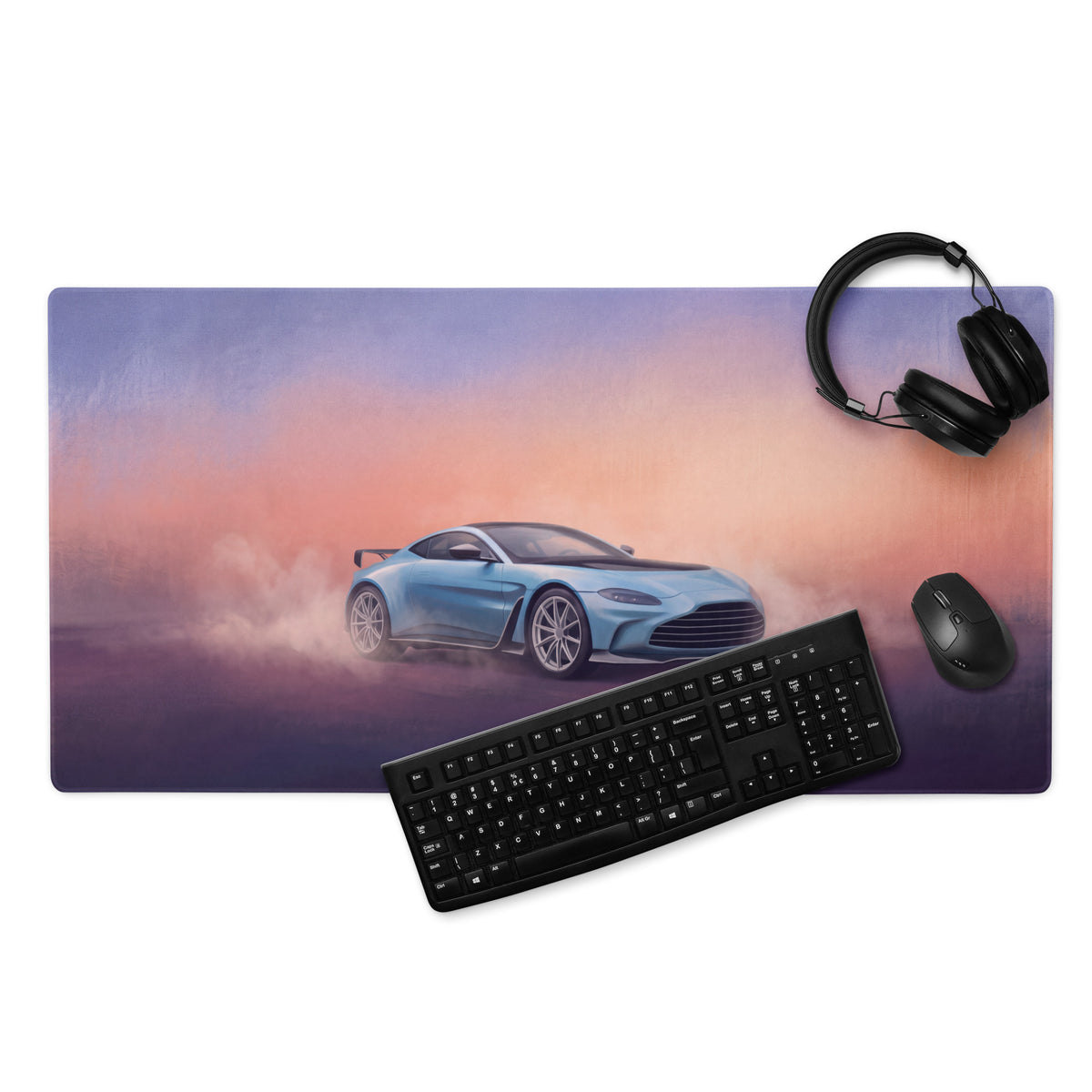 Blue aston martin vantage inspired sky blue gt3 extended non-slip desk pad with sports car graphic and black keyboard mouse