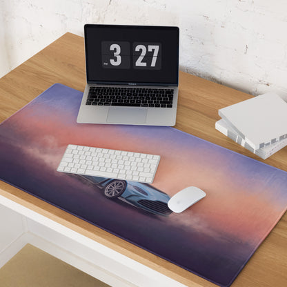 Aston Martin Vantage inspired sky blue GT3 extended non-slip gaming mousepad with vibrant purple and orange gradient sky and blue sports car