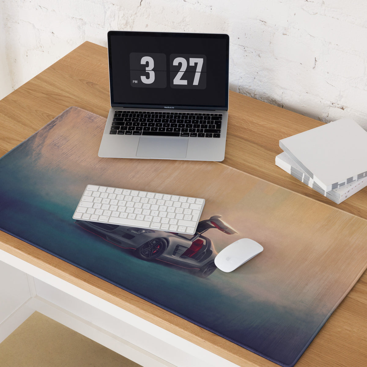 Mercedes-Benz SLS AMG Inspired Silver Gullwing Supercar Desk Mat – Low-Friction Cloth Setup Mousepad