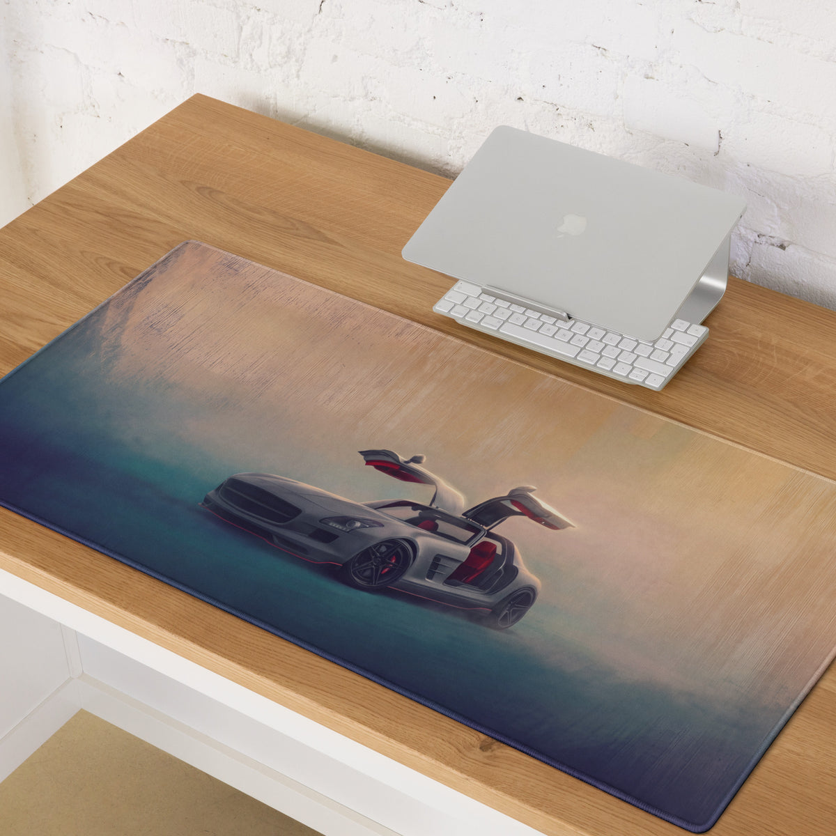 Mercedes-Benz SLS AMG Inspired Silver Gullwing Supercar Desk Mat – Low-Friction Cloth Setup Mousepad