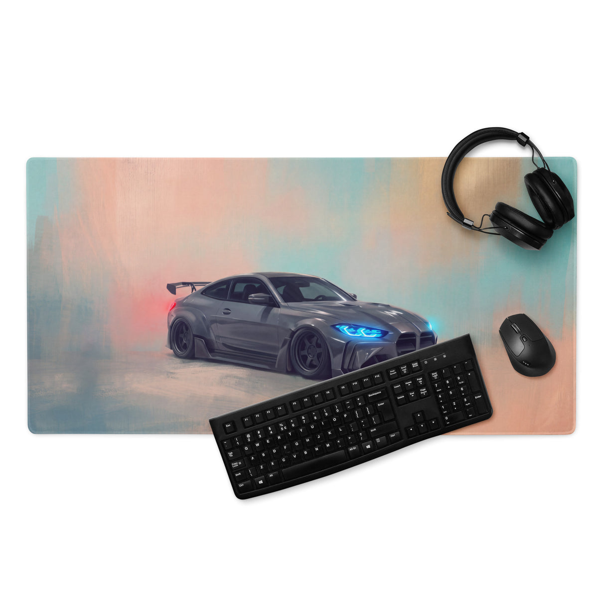BMW M4 Inspired Dark Gray Widebody GT Wing Desk Mat – Ultra-Glide Stitched Edge Gaming Mouse Mat