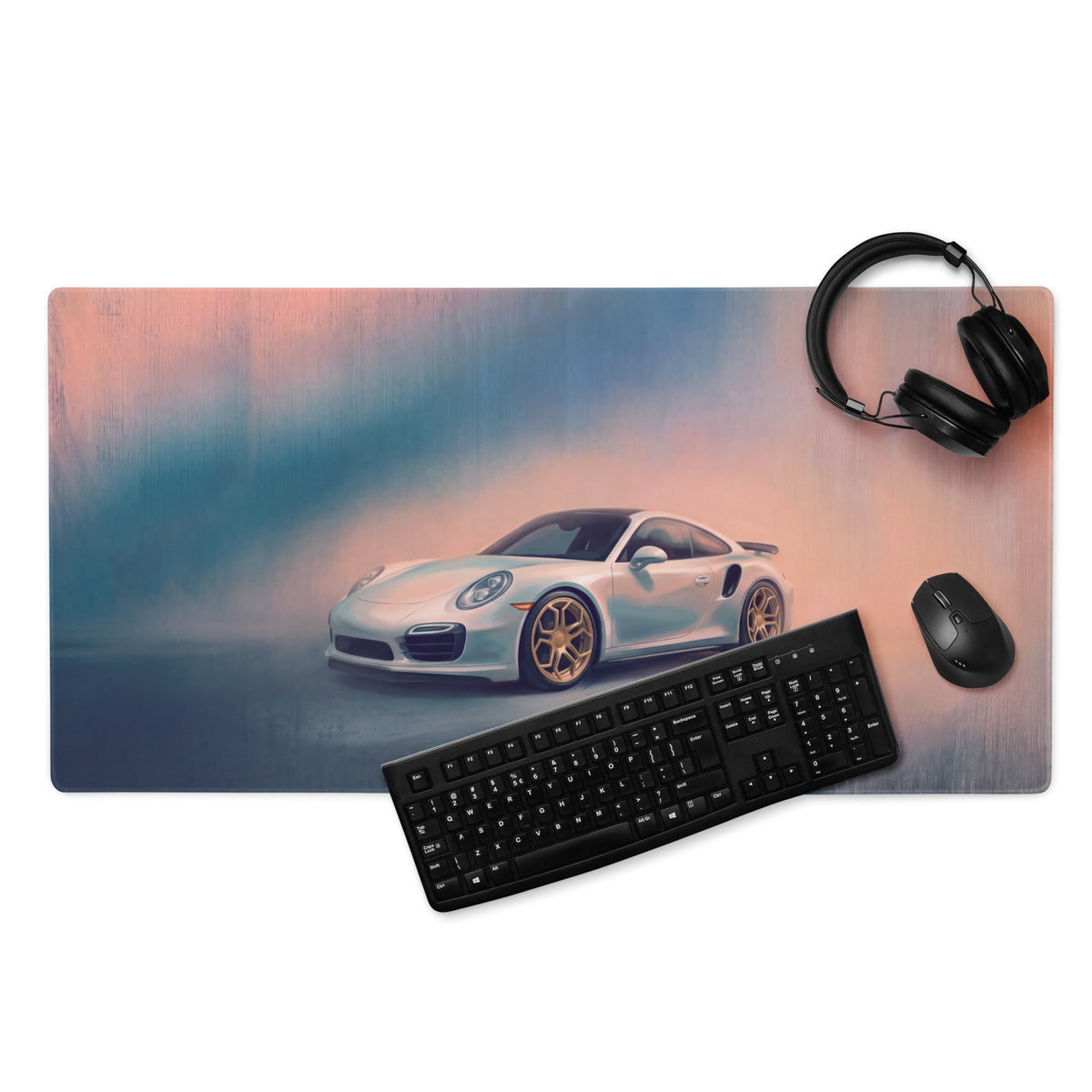 Porsche 911 Inspired Silver Gold Rim Turbo Desk Mat – High-Precision XL Gaming Mousepad