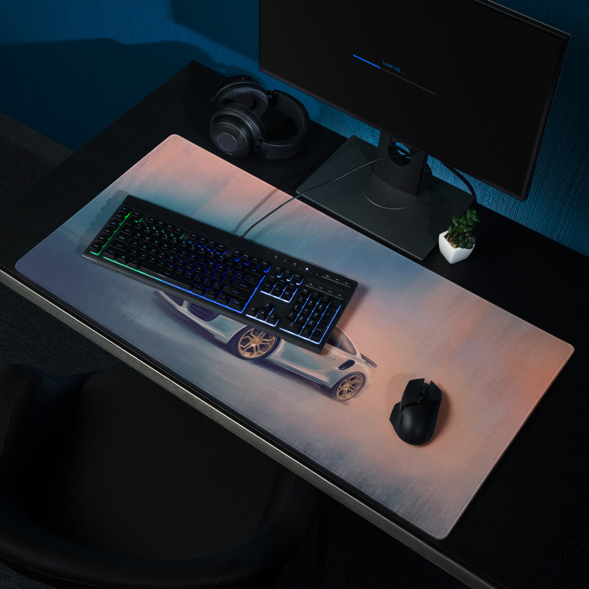 Porsche 911 Inspired Silver Gold Rim Turbo Desk Mat – High-Precision XL Gaming Mousepad