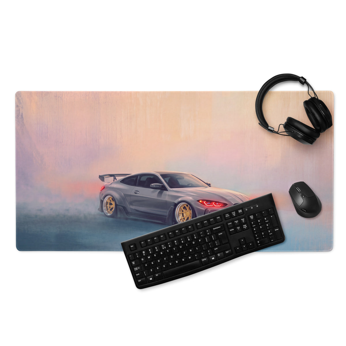 BMW M4 Inspired Gray Widebody GT Wing Desk Mat – Low-Friction Cloth Setup Mousepad