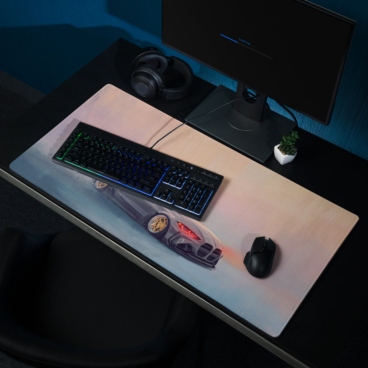 BMW M4 Inspired Gray Widebody GT Wing Desk Mat – Low-Friction Cloth Setup Mousepad