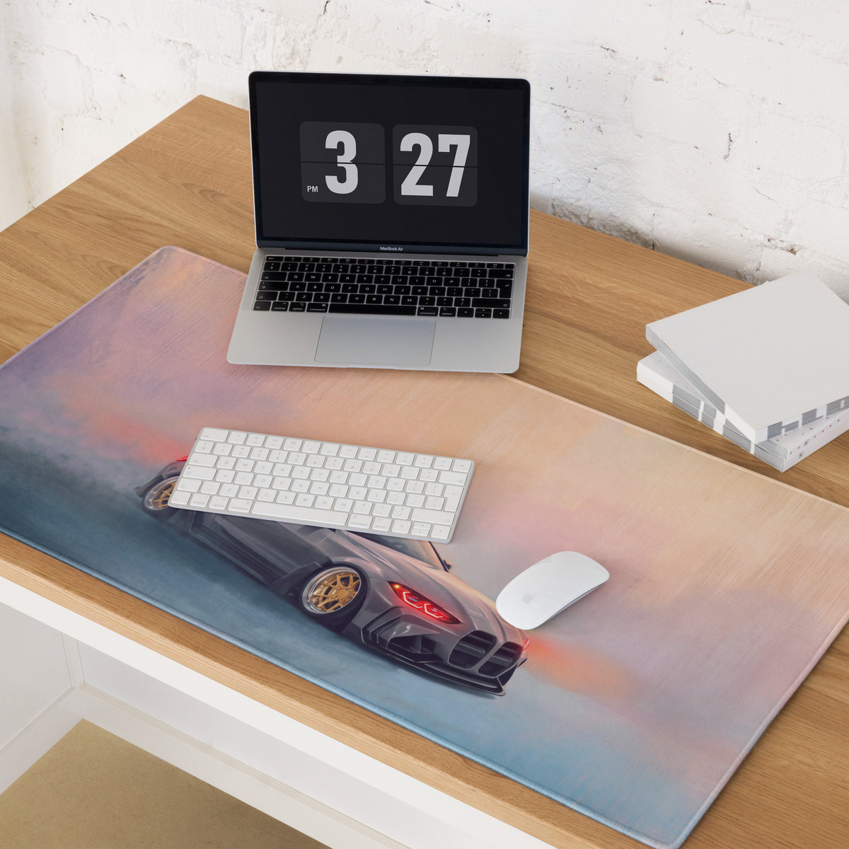 BMW M4 Inspired Gray Widebody GT Wing Desk Mat – Low-Friction Cloth Setup Mousepad