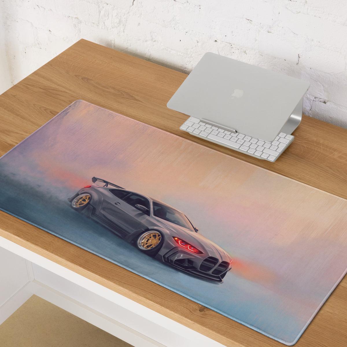 BMW M4 Inspired Gray Widebody GT Wing Desk Mat – Low-Friction Cloth Setup Mousepad