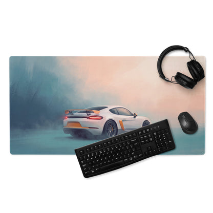 Porsche Cayman GT4 Inspired White & Orange Track Edition Desk Pad – Extended Non-Slip PC Mouse Mat