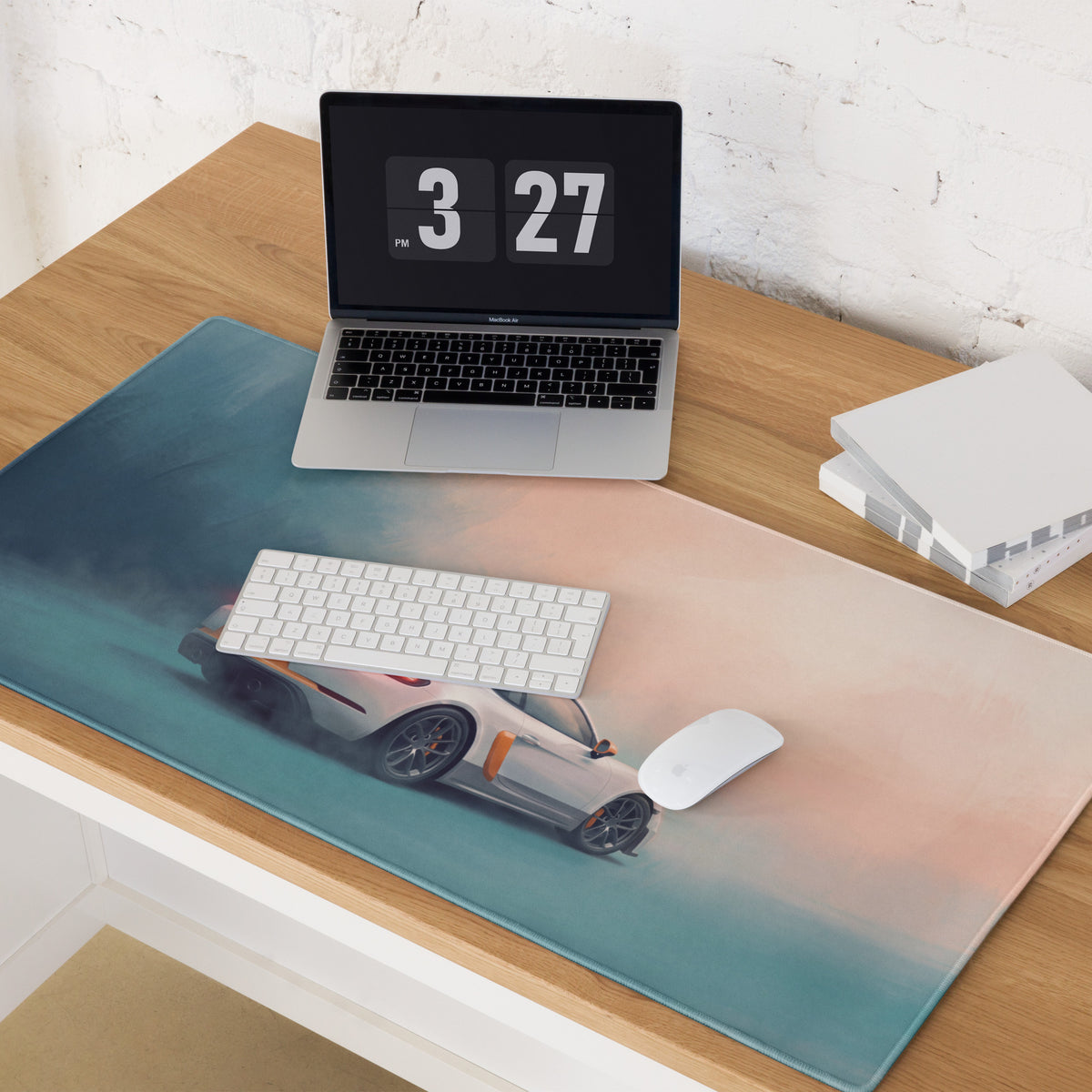 Porsche Cayman GT4 Inspired White & Orange Track Edition Desk Pad – Extended Non-Slip PC Mouse Mat