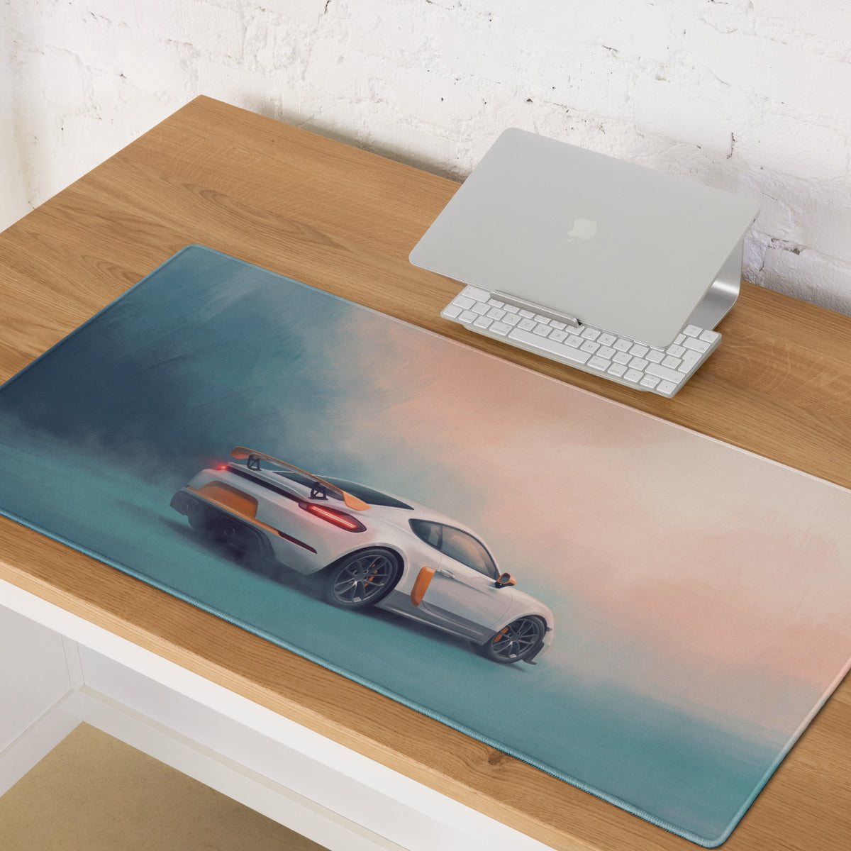 Porsche Cayman GT4 Inspired White & Orange Track Edition Desk Pad – Extended Non-Slip PC Mouse Mat