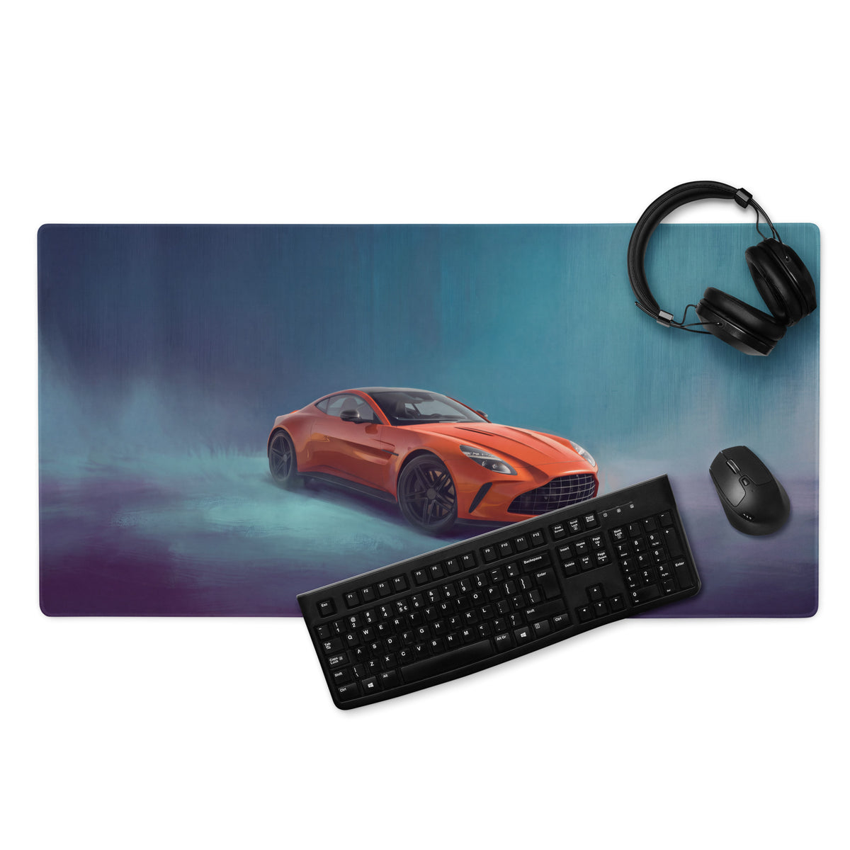 Orange aston martin vantage inspired front desk mat featuring a sports car graphic on a high precision xl mousepad
