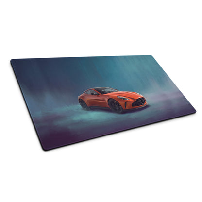 Orange aston martin v12 vanquish sports car illustration on rectangular glass cutting board for gaming mousepad