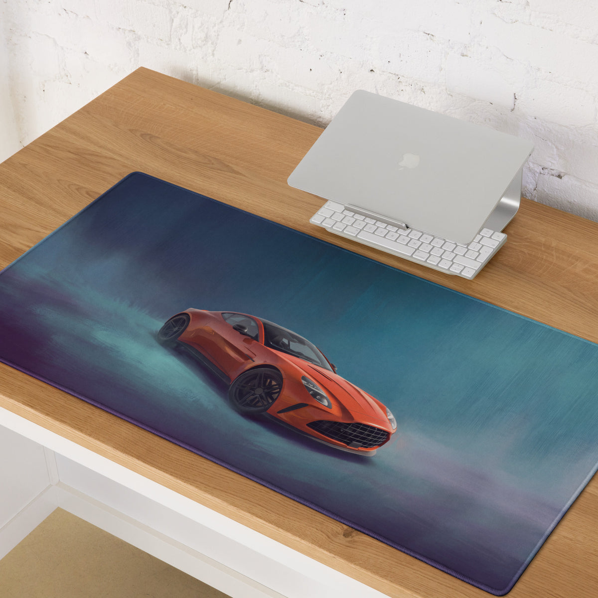 Aston Martin Vantage inspired sunset orange sports car graphic on high precision xl gaming mousepad desk mat