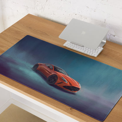 Aston Martin Vantage inspired sunset orange sports car graphic on high precision xl gaming mousepad desk mat