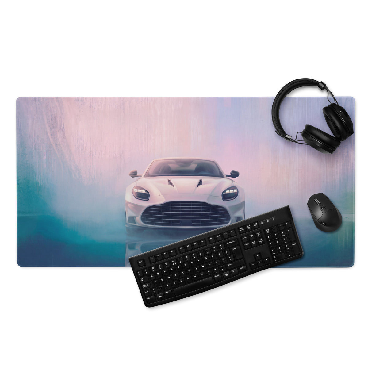 Aston martin vantage inspired pearl white sports car graphic on gradient stitched edge gaming mouse pad with keyboard and mouse