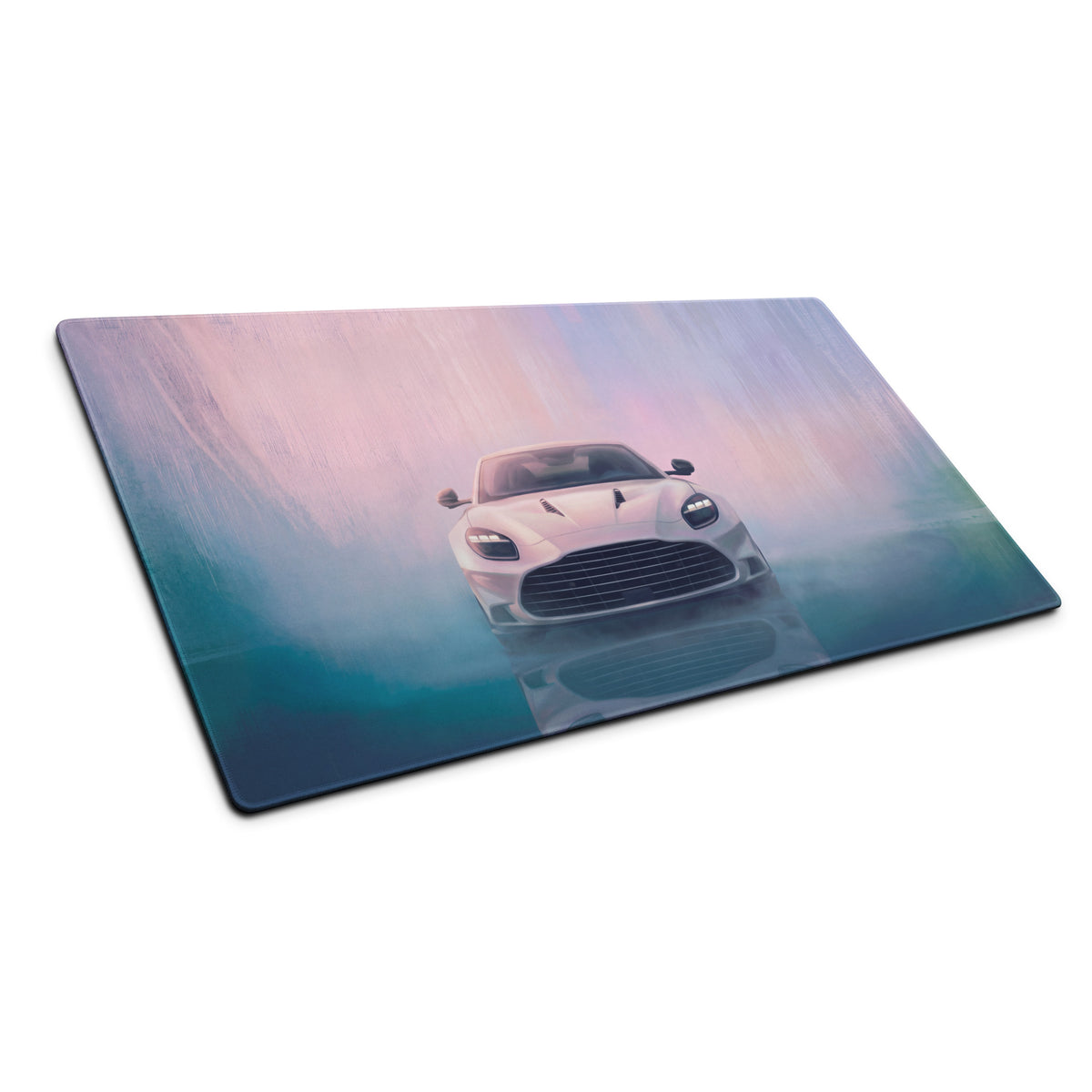 Aston Martin vantage inspired pearl white sports car printed on a glossy stitched edge gaming mouse pad with pastel gradient