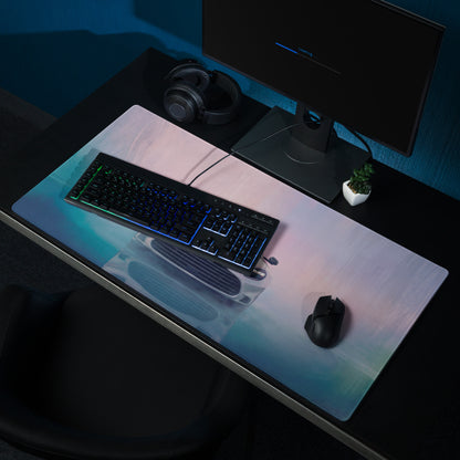 Aston Martin Vantage inspired pearl white frontal desk pad gaming mouse mat with pastel pink blue teal gradient design
