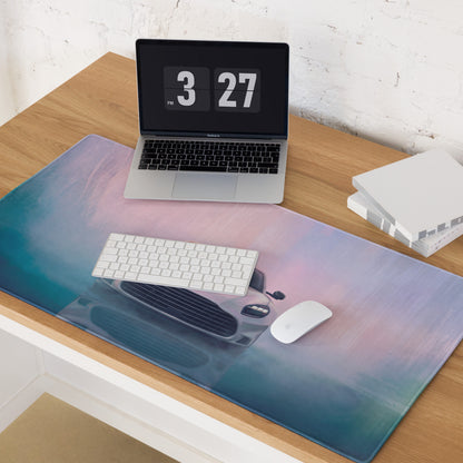 Aston Martin Vantage inspired pearl white rectangular gradient desk pad with stitched edges and classic car graphic